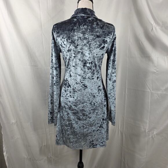 Kinchi Blue 90s Velvet Dress Women Medium Blue Crushed Long Sleeve Mock Neck - Picture 6 of 10